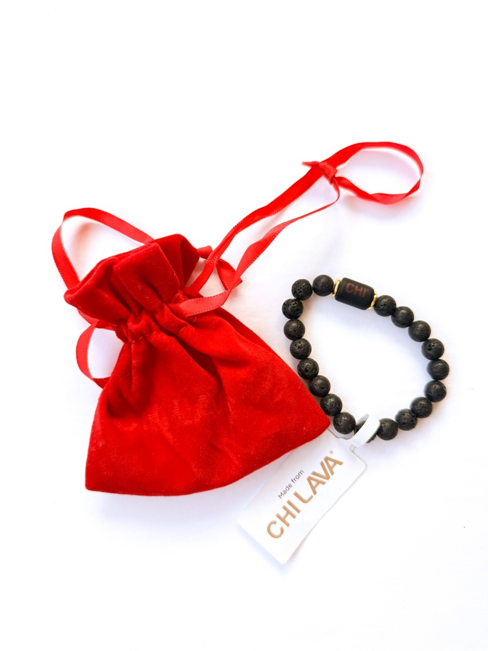 NWT Chi Black Lava Bead Bracelet with Red Velvet Gift Pouch